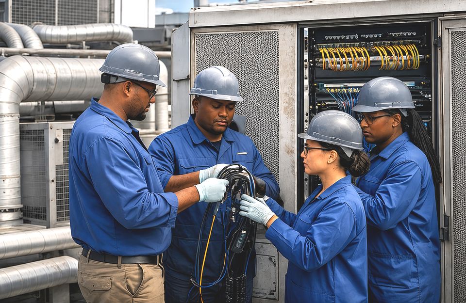 Technicians servicing digital infrastructure equipment.
